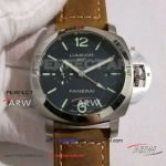Perfect Replica Panerai Luminor GMT 44MM Watch - PAM00535 316L Steel Case Black Dial Brown Leather Strap